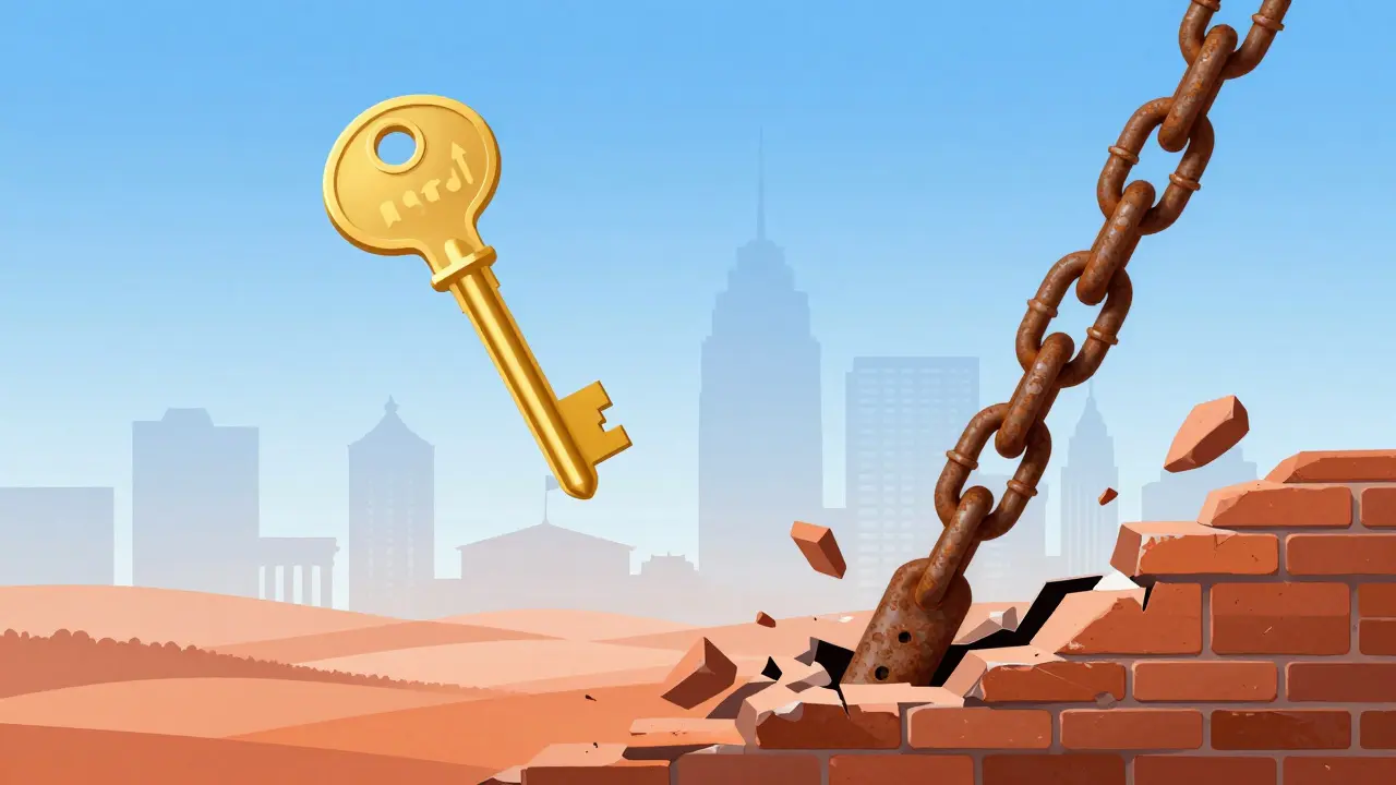 Visuelle Metapher für Immobilienwerte: Goldener Schlüssel steigt auf, rostige Kette sinkt ab.