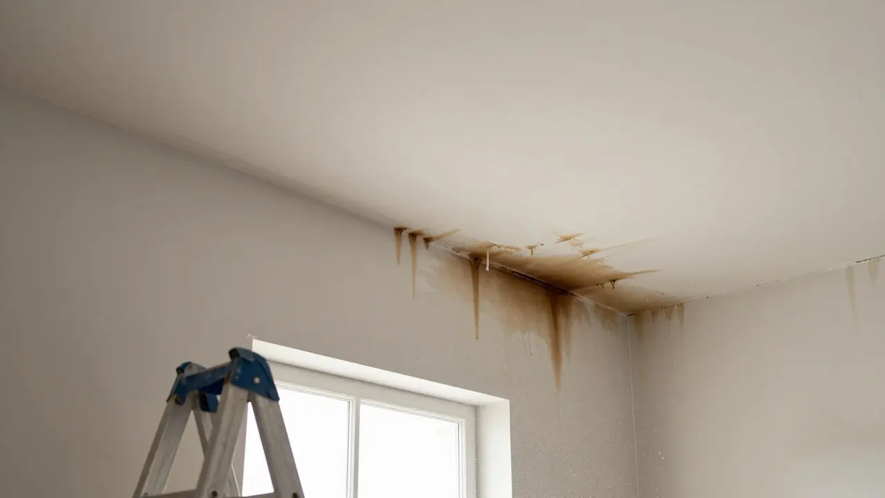 Wasserschäden an der Decke durch Eisstau im Dach, mit Leiter und Renovierungsszenario.