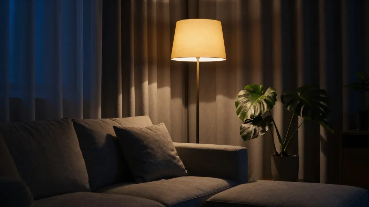 Abendliche Sitzecke mit warmer Stehlampenbeleuchtung und Pflanze