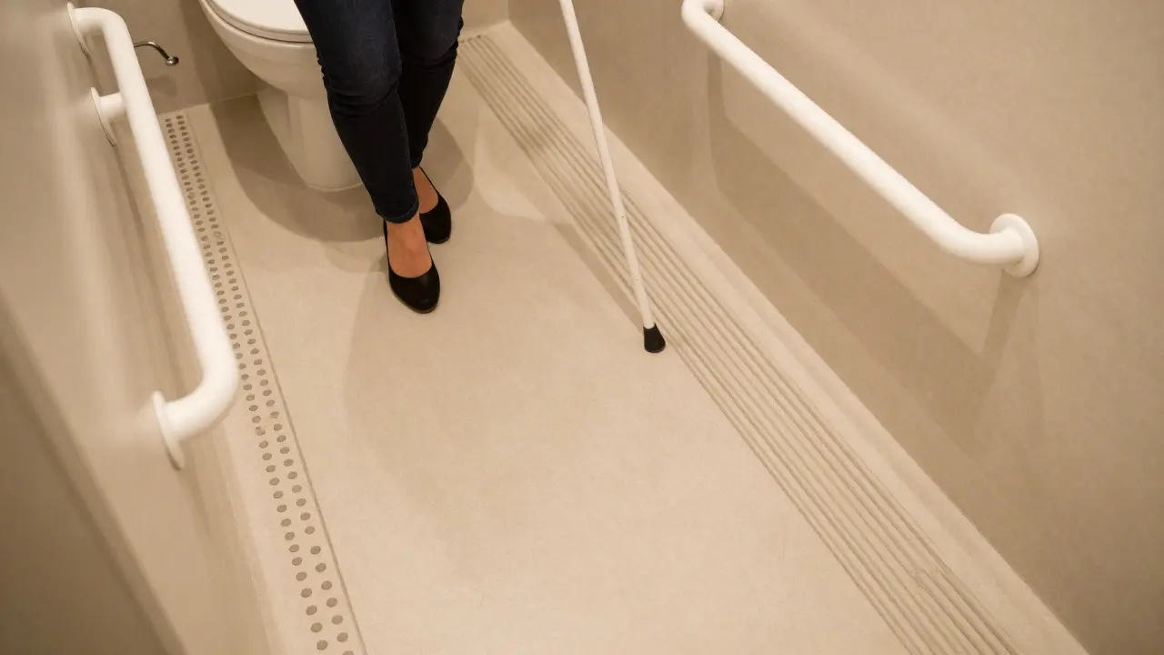 Architekturansicht eines barrierefreien Bades mit Griffen und taktilen Leitstreifen