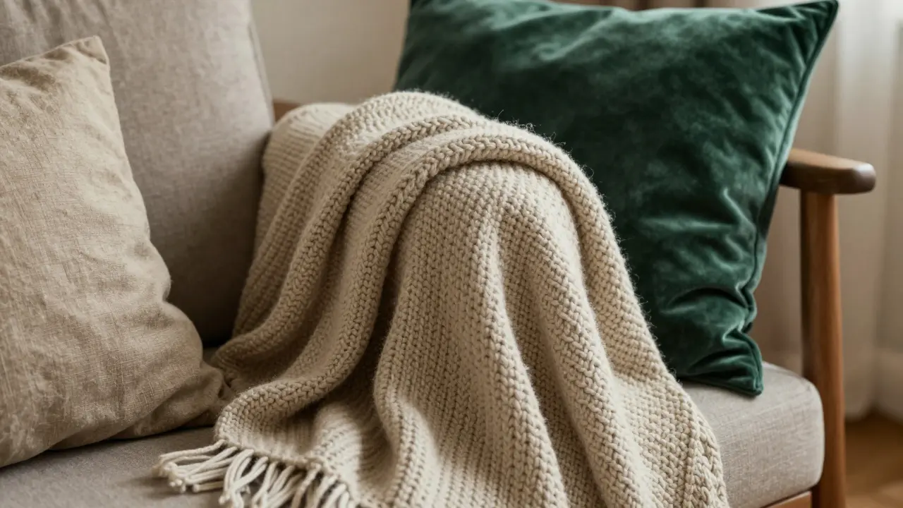 Detailaufnahme von weichen Kissen und Decken in Erdtönen