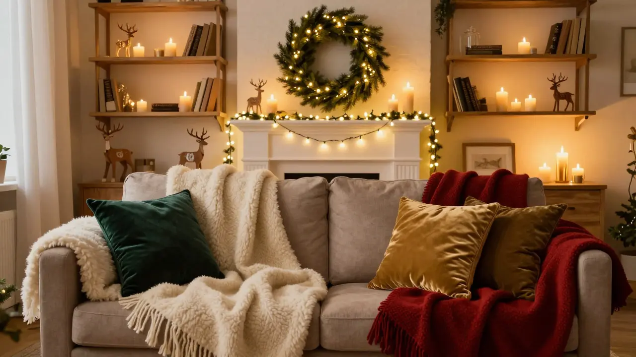 Festlich dekoriertes Winterzimmer mit Lichterketten und Adventskranz
