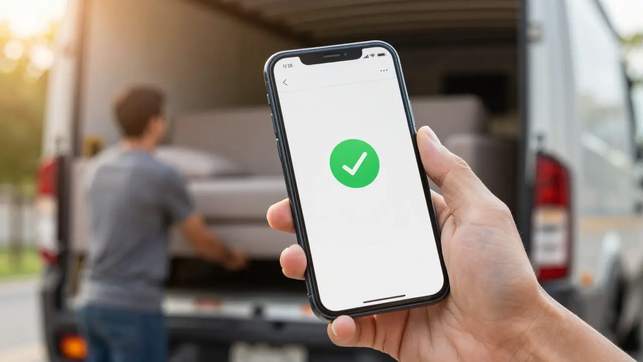 Hand hält Smartphone mit bargeldloser Überweisung während des Umzugs