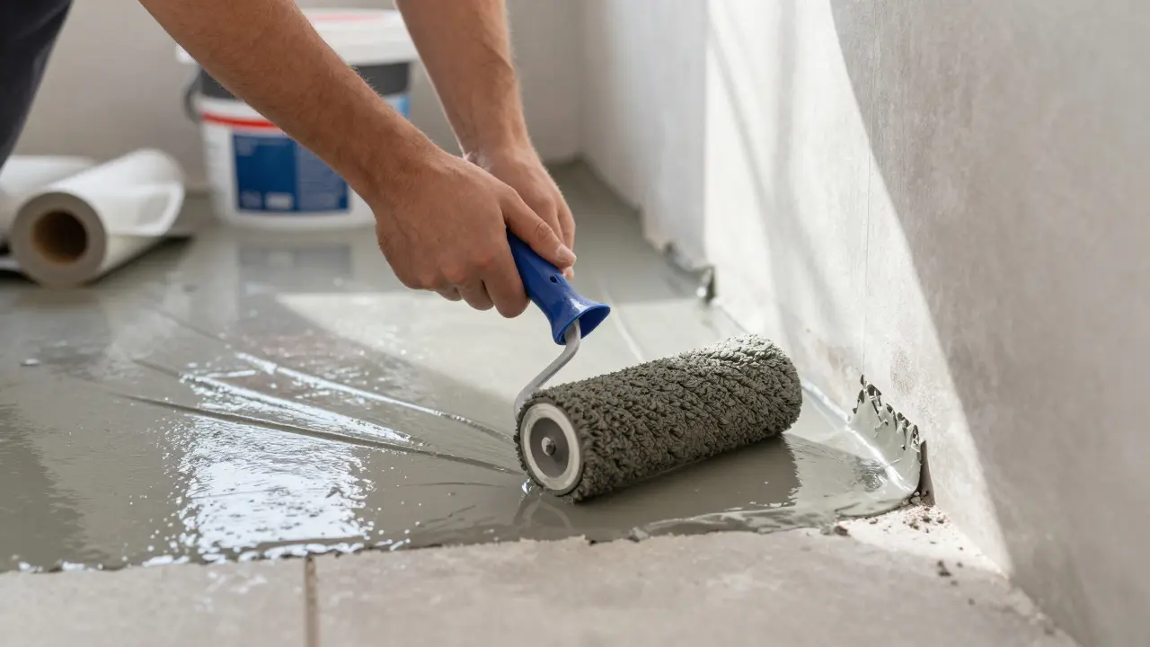 Handwerker trägt Flüssigabdichtung auf dem Boden auf