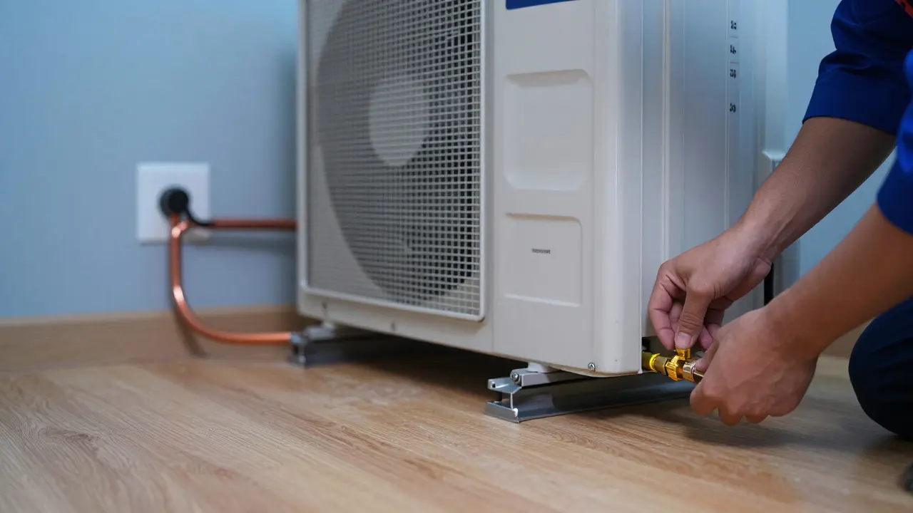 Installation einer modernen Wärmepumpe im Keller eines sanierten Hauses