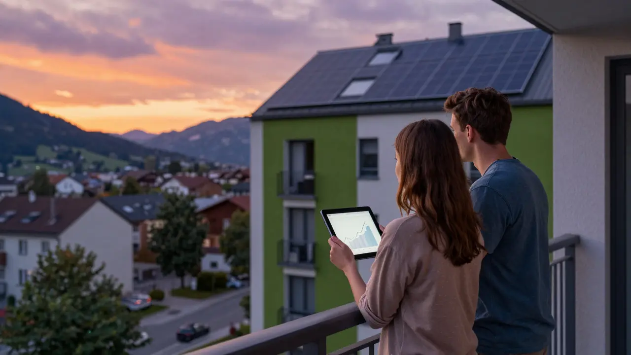 Junges Paar auf dem Balkon eines nachhaltigen Mehrfamilienhauses