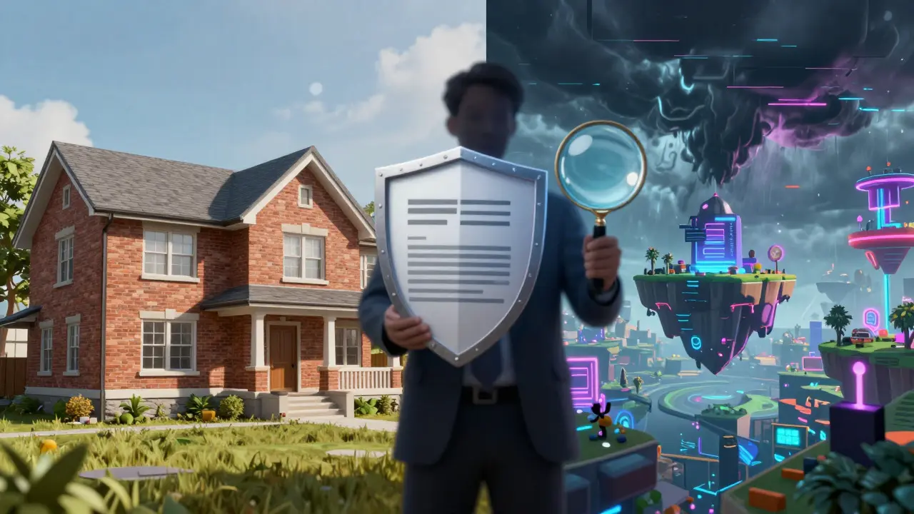 Kontrast zwischen physischem Haus und volatiler Metaverse-Landschaft