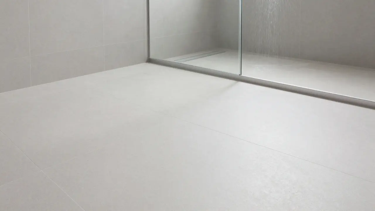 Modernes Badezimmer mit Fliesenboden und linearem Abfluss