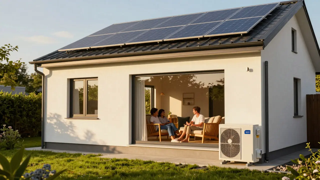 Modernes, gut gedämmtes Haus mit Solaranlage und effizienter Wärmepumpe im Sonnenlicht
