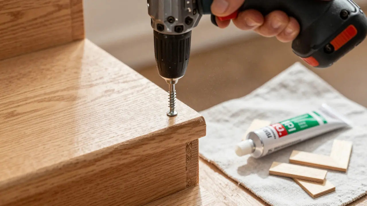 Nahaufnahme der Reparatur einer Treppenstufe mit Schrauben und Acrylmasse