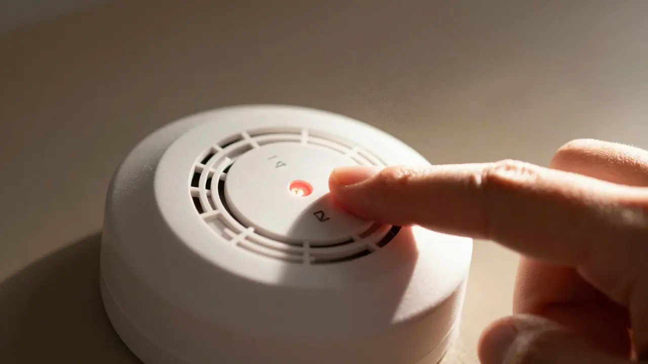 Nahaufnahme: Hand drückt Testknopf am Rauchmelder zur Funktionsprüfung