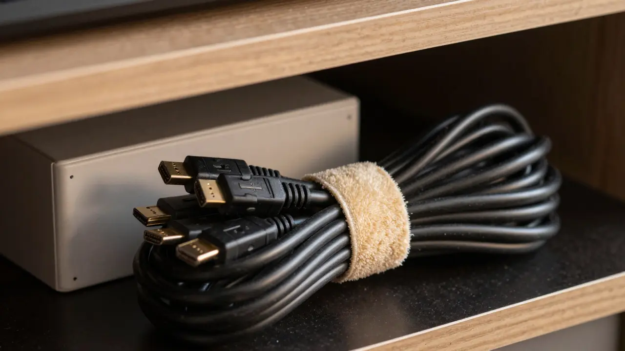 Ordnungsgemäß gebündelte Kabel hinter einem Medienmöbel