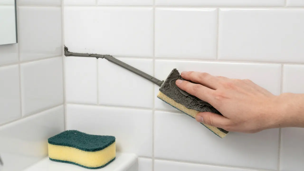 Rubber float applying grout between white tiles