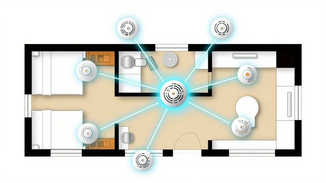 Schematische Darstellung vernetzter Rauchmelder im Hausplan