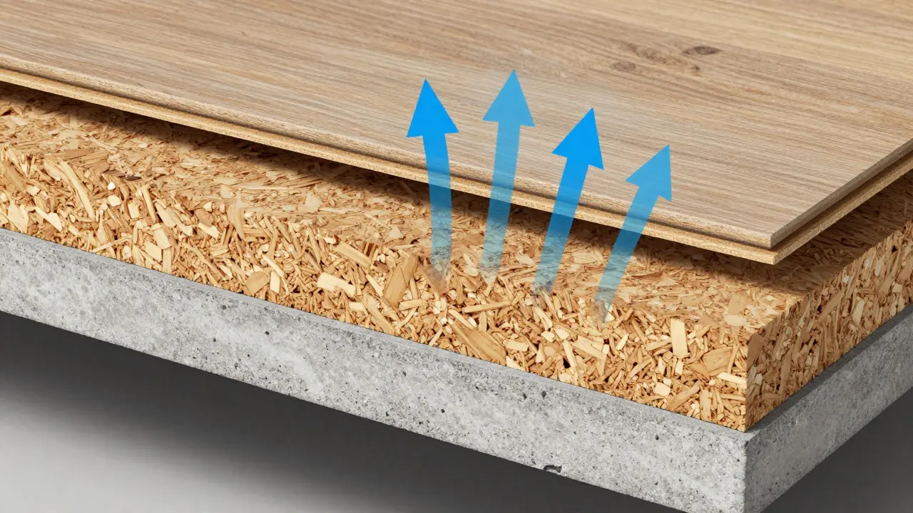 Schnittmodell zeigt Schallschutzschicht aus Kork unter Laminat