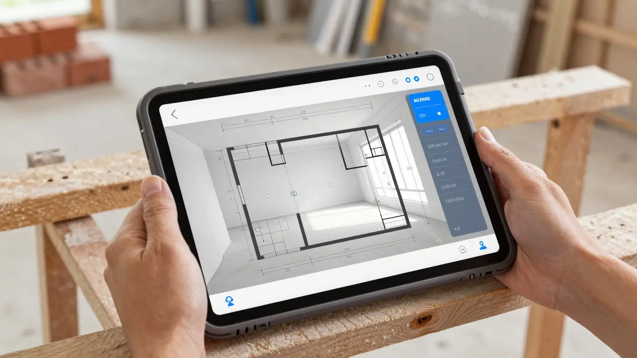 Tablet mit AR-Overlay zeigt digitale Bauplanung auf der Baustelle