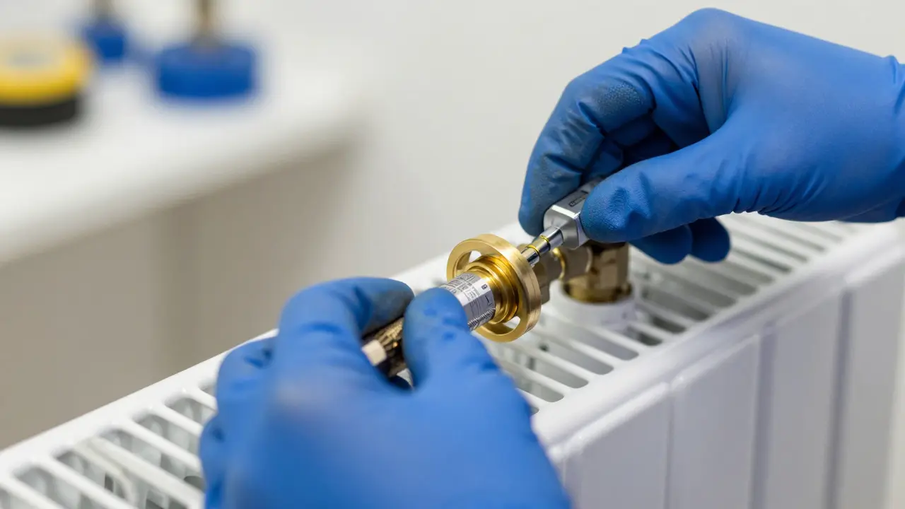 Techniker stellt Ventile für hydraulischen Abgleich präzise ein