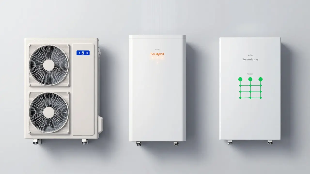 Vergleich von Wärmepumpe, Gas-Hybrid-System und Fernwärme-Anschluss in Studioansicht