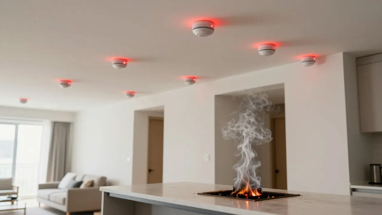 Vernetzte Rauchmelder mit rotem Licht in einer modernen Wohnung