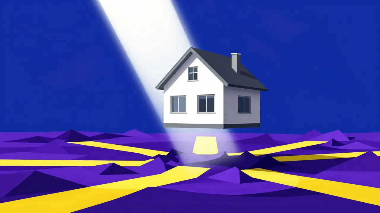 A surreal house floats above abstract geometric shapes, illuminated by a beam of light.