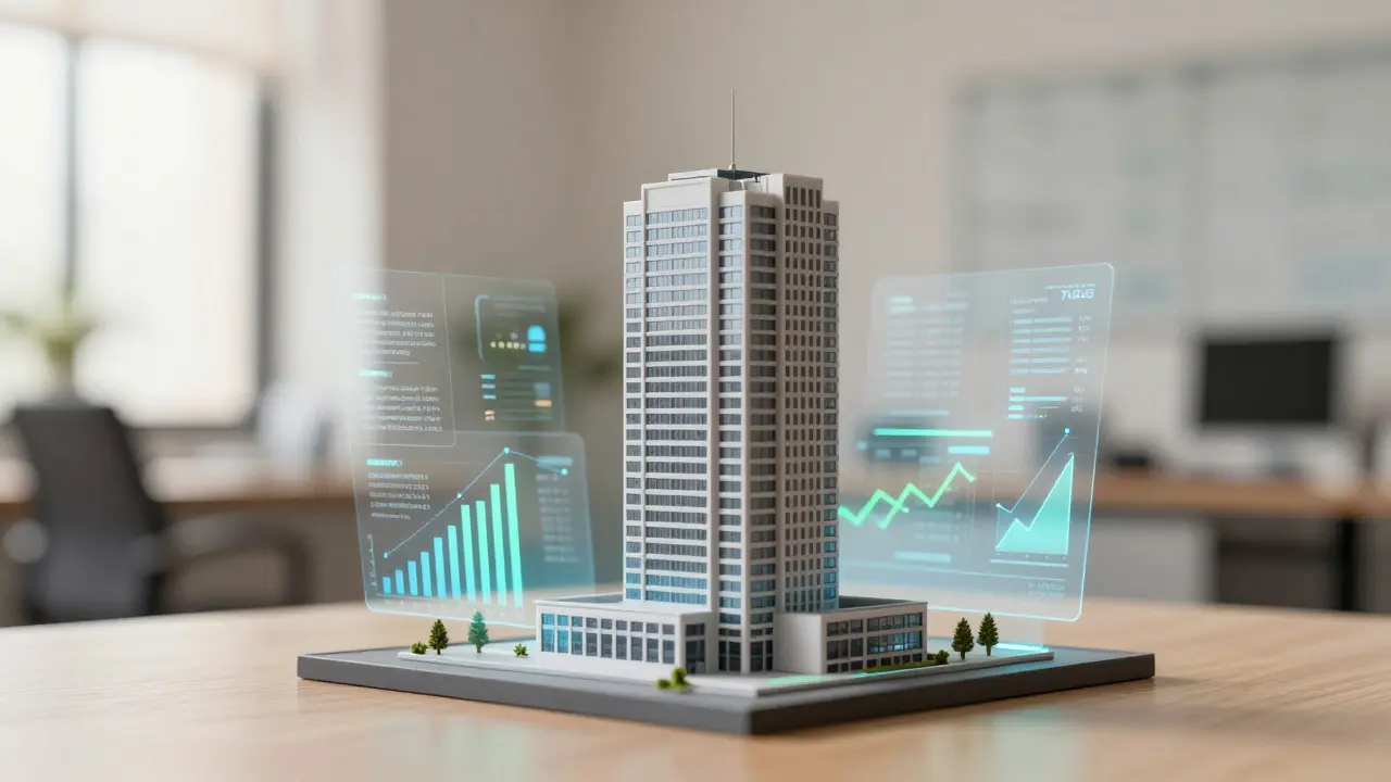Abstract visualization of a building model surrounded by glowing data streams representing regulatory analysis.