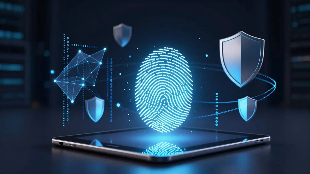 Abstrakte Darstellung einer digitalen Signatur mit Hologramm-Fingerprint über einem Tablet
