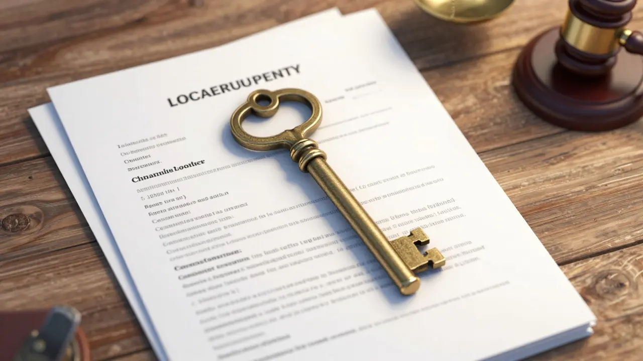 An antique key rests on legal documents and bank statements on a wooden table.
