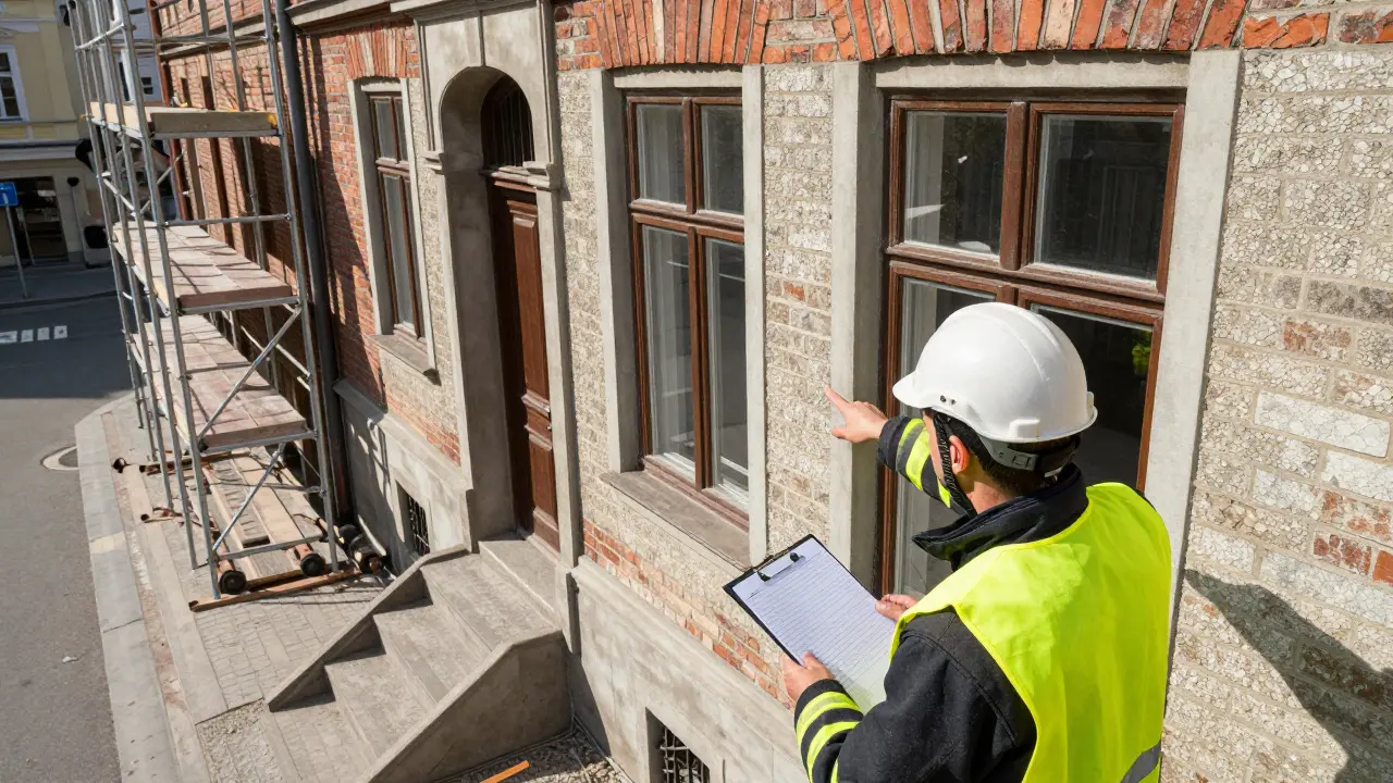 Brandschutzgutachter prüft Fassade während der Sanierung