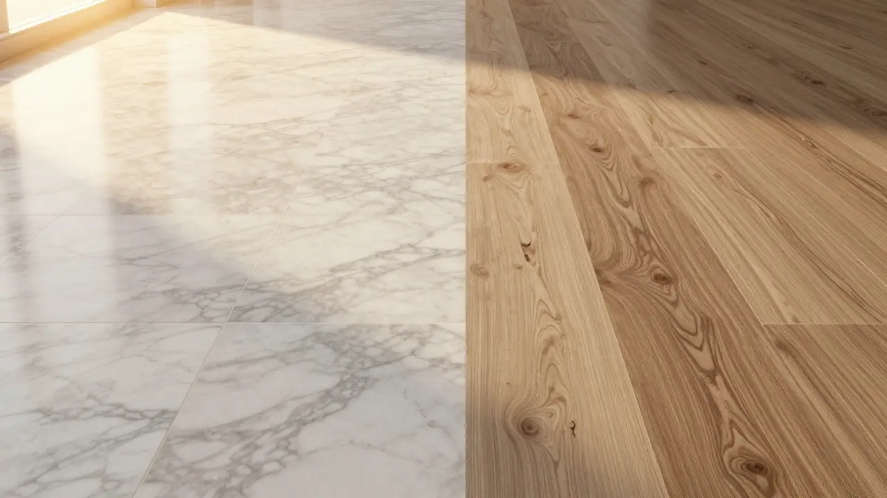 Conceptual image comparing durable marble floor with fading synthetic alternatives