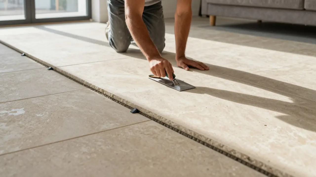Craftsman installing natural stone floor slabs with adhesive in a bright room
