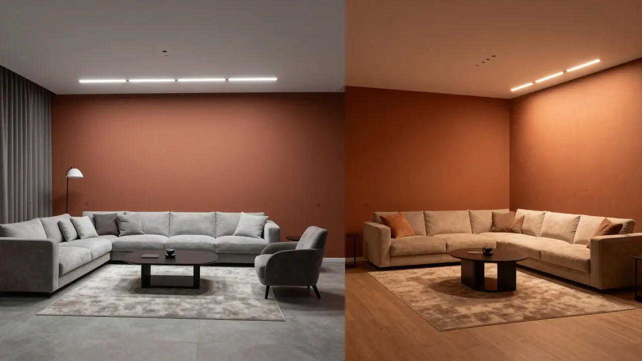 Designwechsel im Wohnzimmer: Farb- und Lichtkonzept im Vergleich