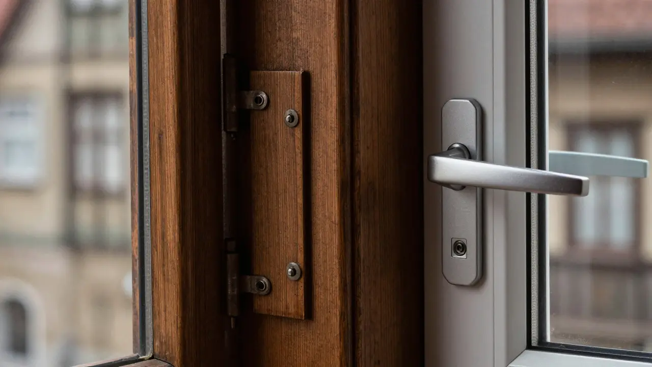 Detailansicht von klassischem Holzfenster und modernem Griff