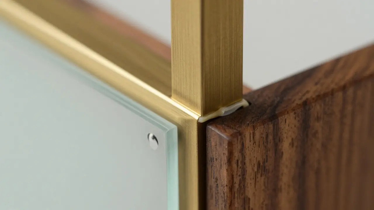 Detailaufnahme der Verbindung von Holz, Messing und Milchglas