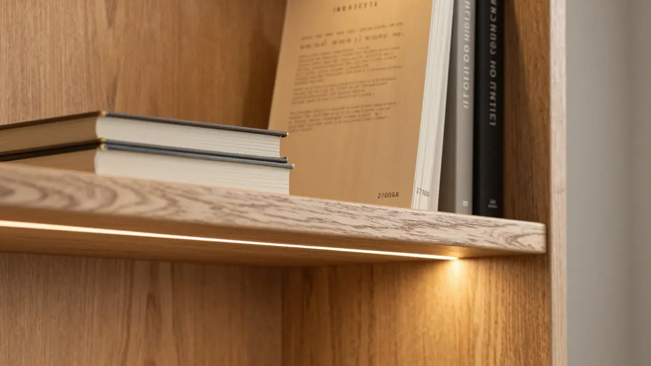 Detailaufnahme von Eichenholzregalen mit warmer LED-Beleuchtung und Büchern