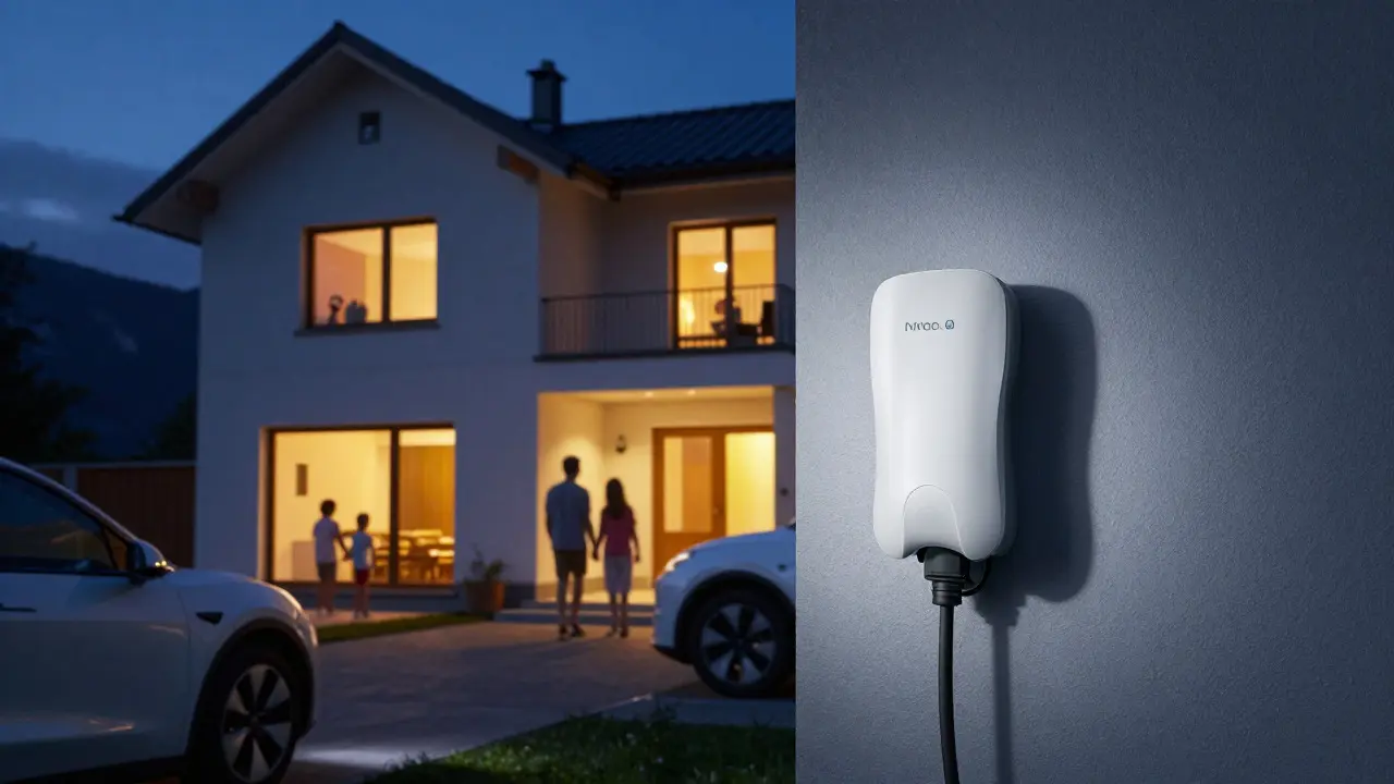 E-Auto lädt an einer Wallbox am modernen Einfamilienhaus bei Dämmerung