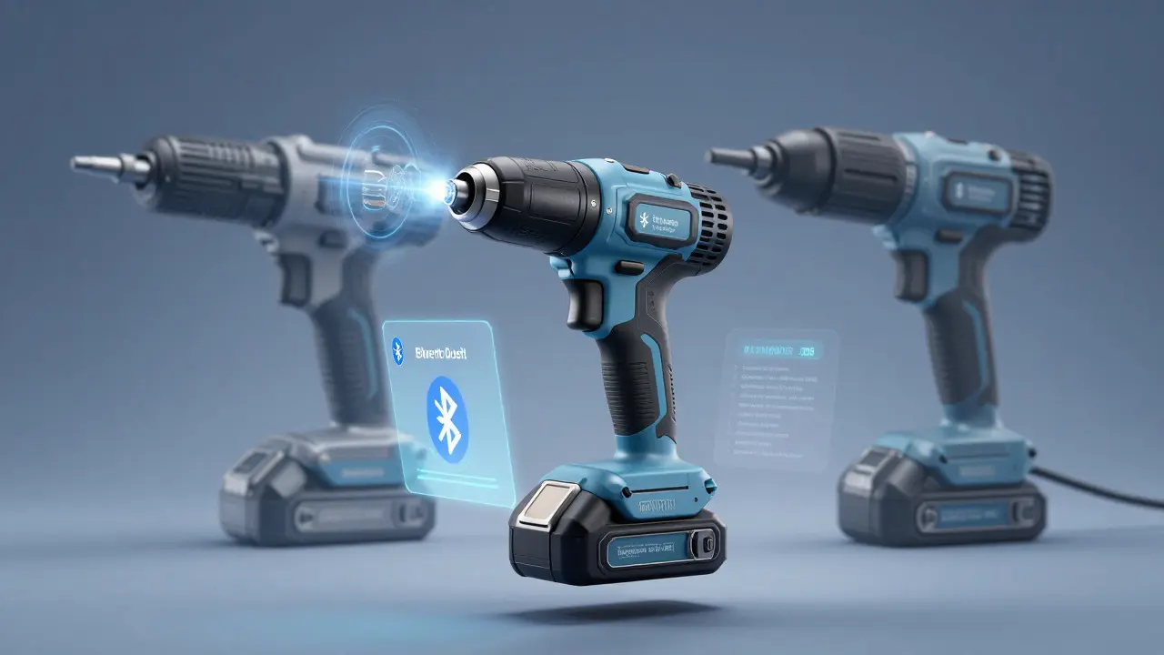 Futuristic rendering of a smart battery-powered multitool with holographic tech interfaces