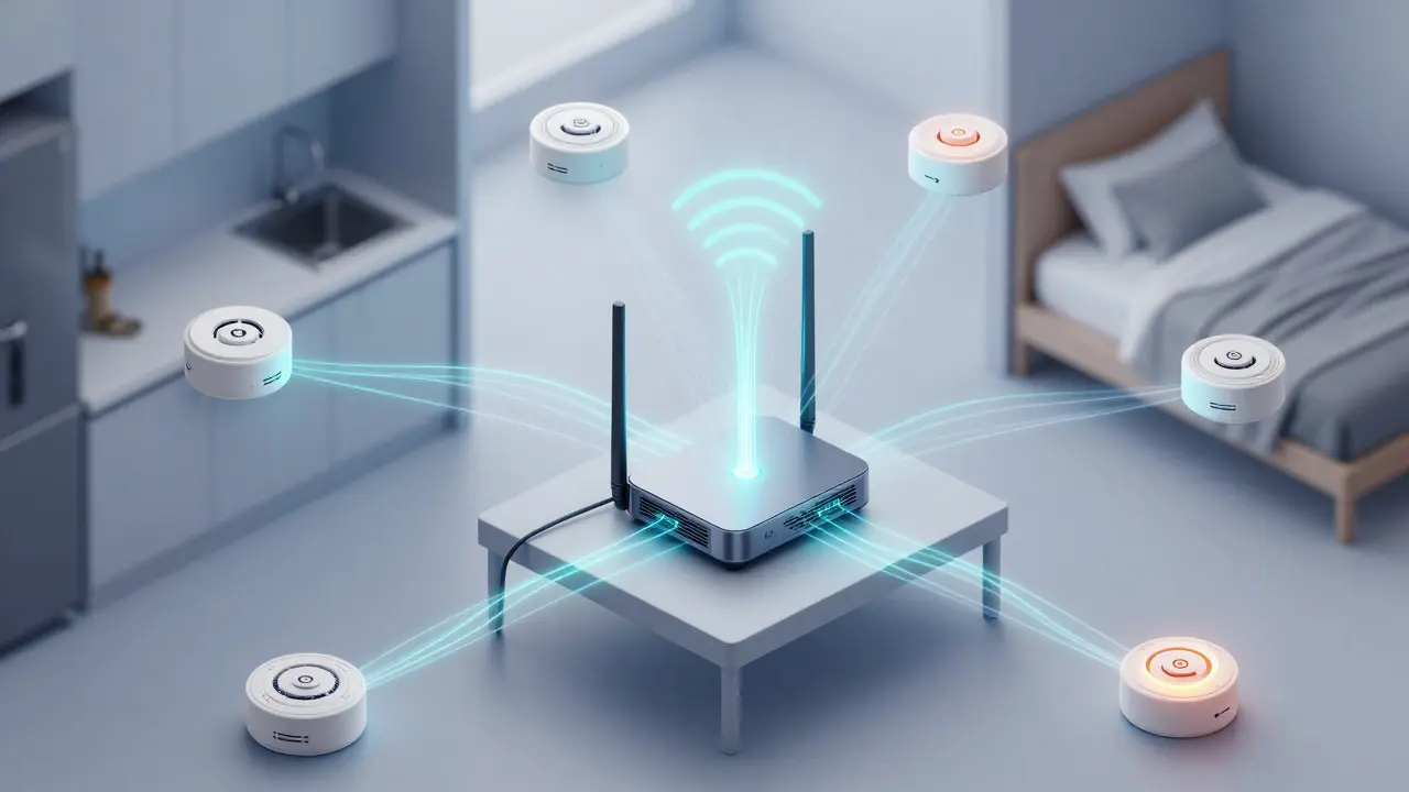 Grafische Darstellung des vernetzten Funknetzwerks smarter Rauchmelder