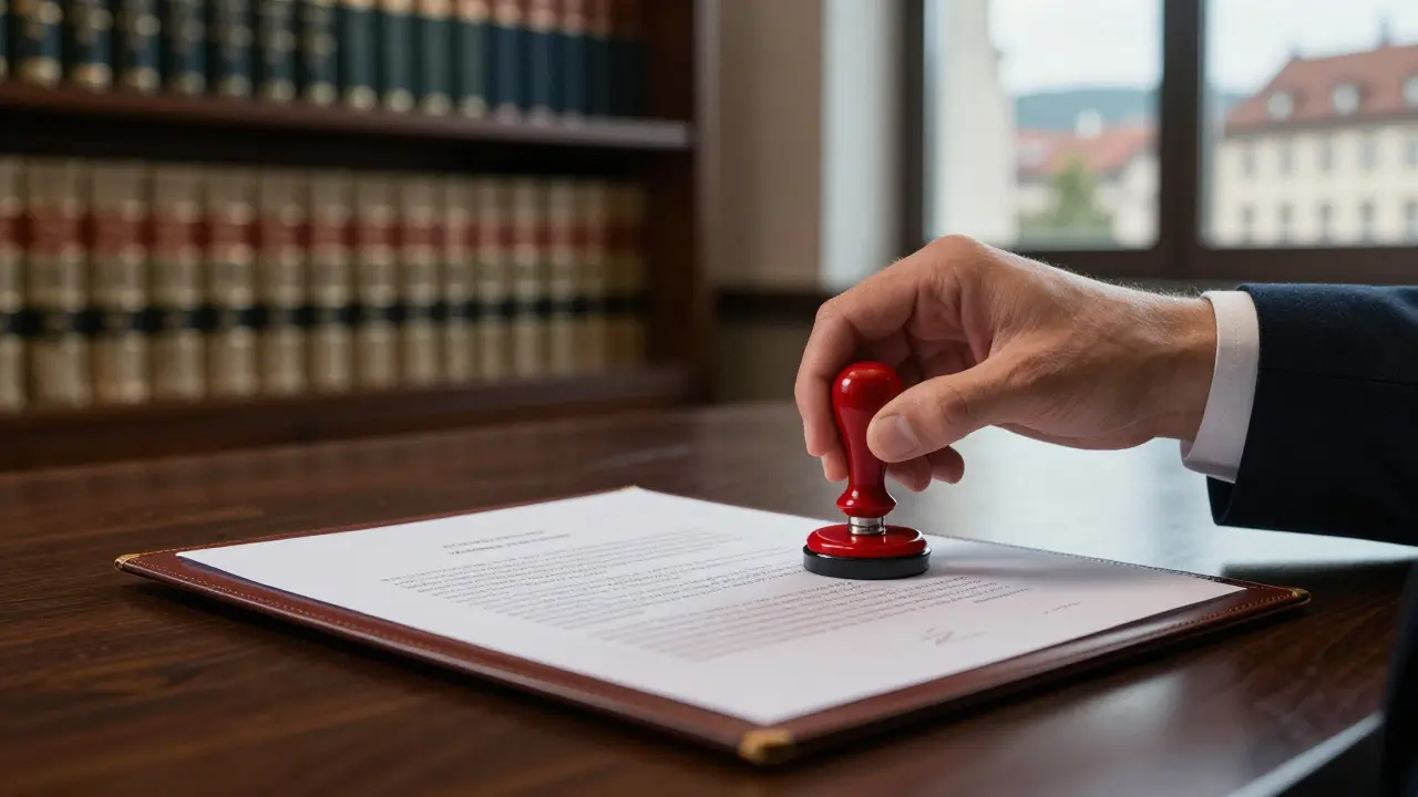 Hand sealing a legal document with a wax stamp in a notary's office