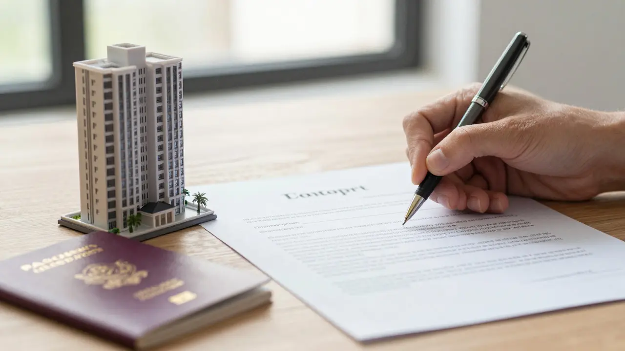 Hand unterzeichnet Vertrag neben Hausmodell und Reisepass