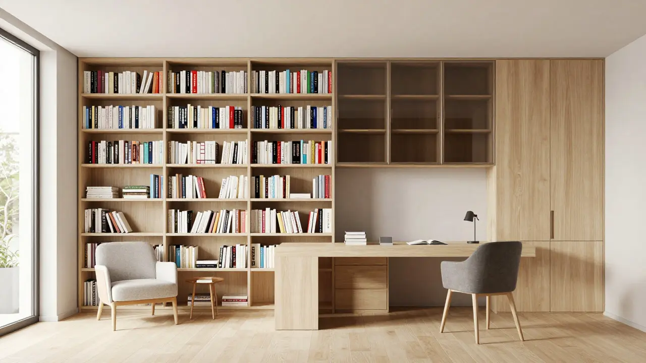 Hybrides Wohnkonzept: Bücherregal als Raumteiler zwischen Leseecke und Büro