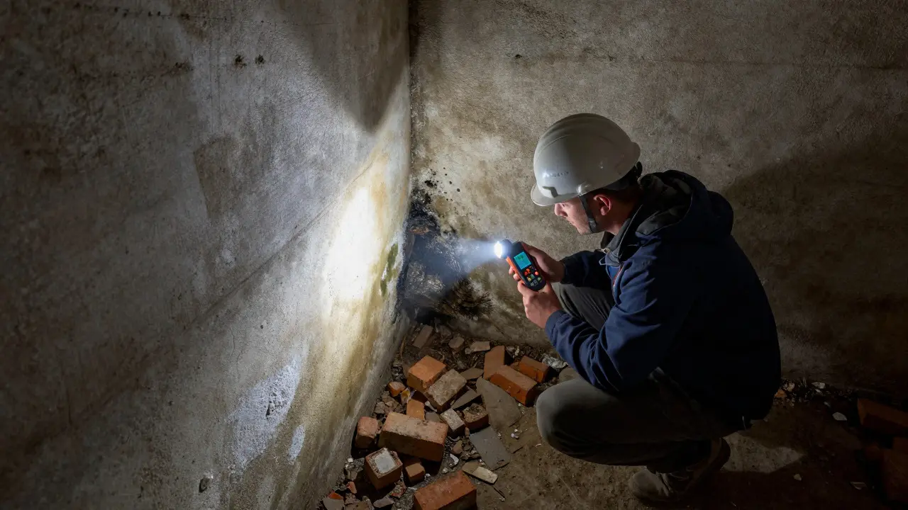 Inspektor misst Feuchtigkeit im Keller eines alten Hauses