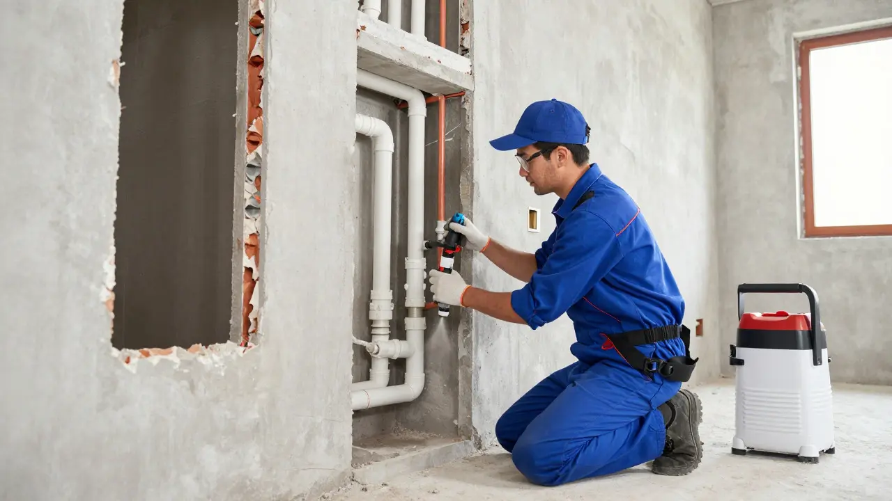 Installateur tauscht alte Leitungen gegen neue Rohre aus