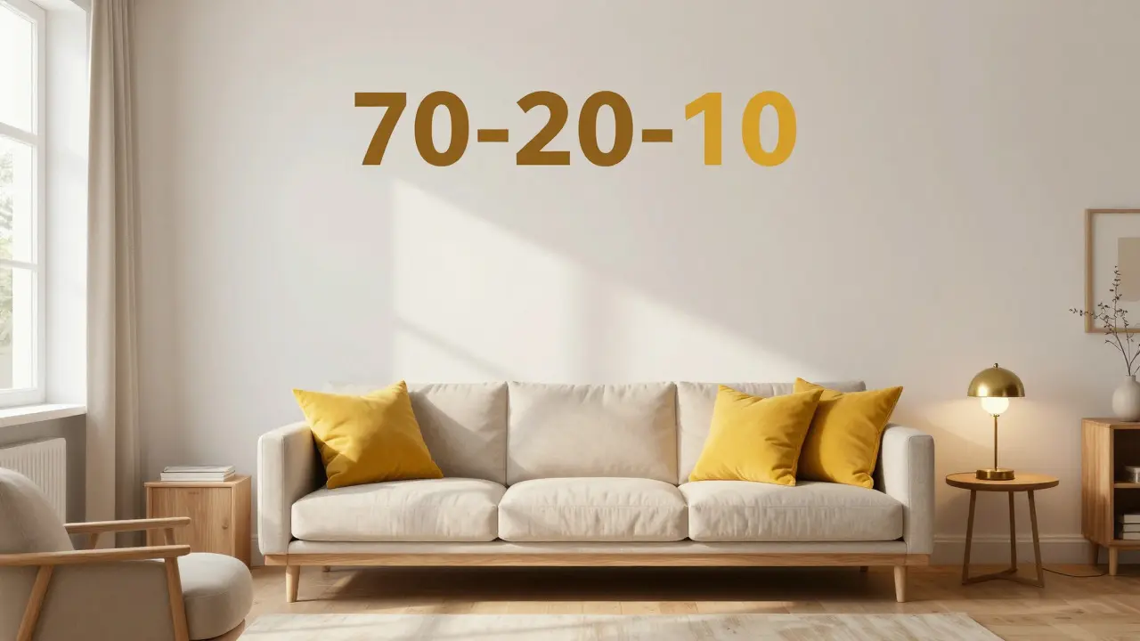 Living Room Design nach der 70-20-10 Farbregel mit gelben Akzenten