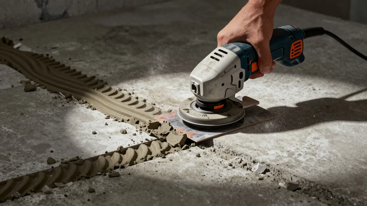 Low-angle view of an oscillating tool scraping old tile adhesive from a concrete floor