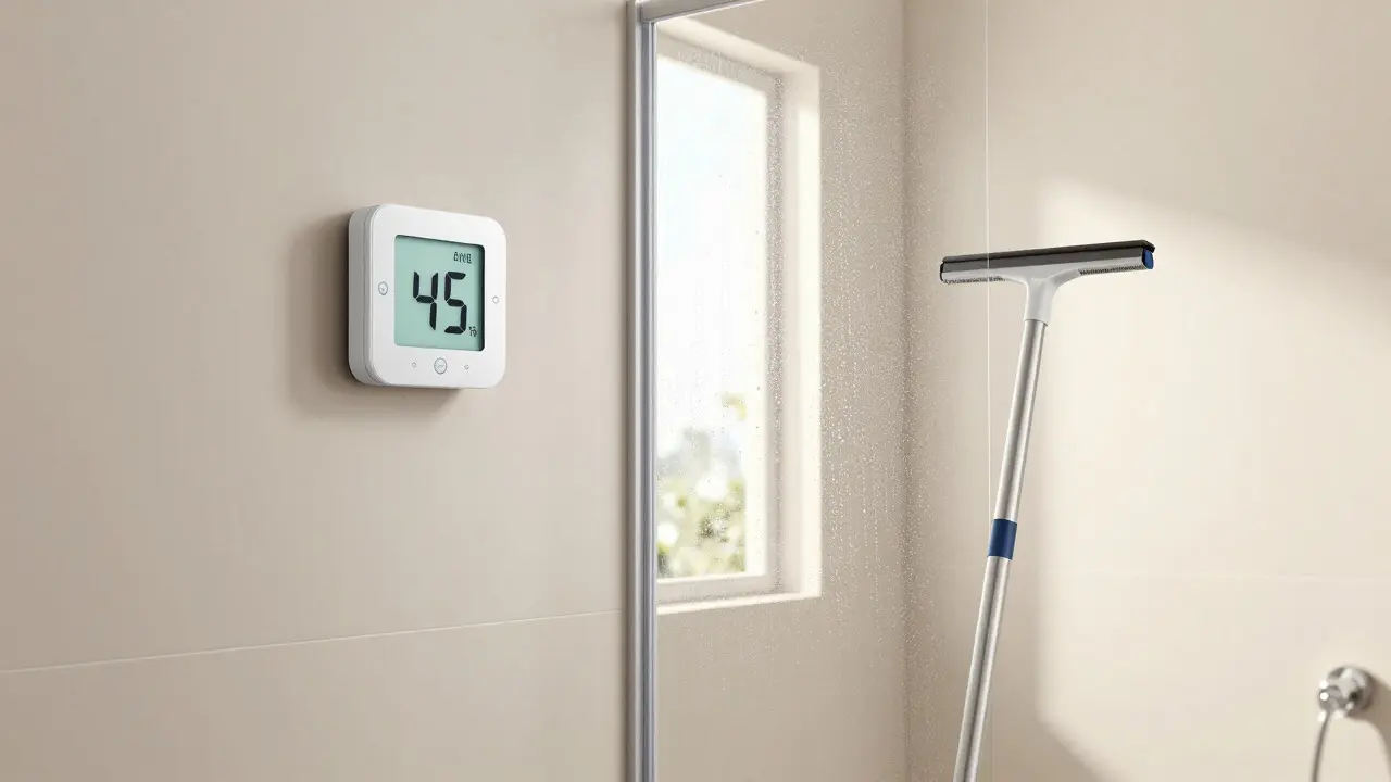 Moderner, trockener Badezimmerraum mit Hygrometer und Abzieher