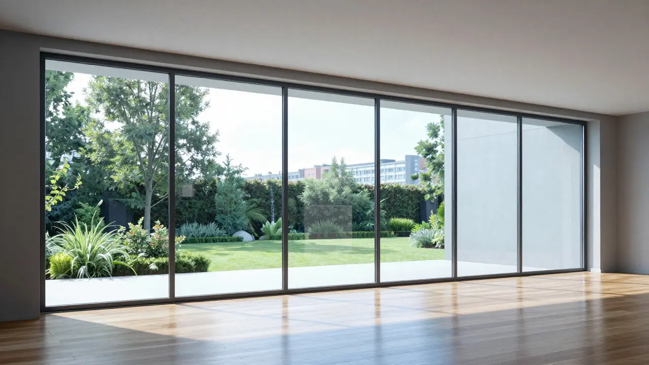 Panoramablick durch ein schmales Schiebefenster in einen Garten
