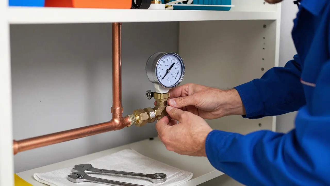 Plumber installing a new water meter on a copper pipe in a basement