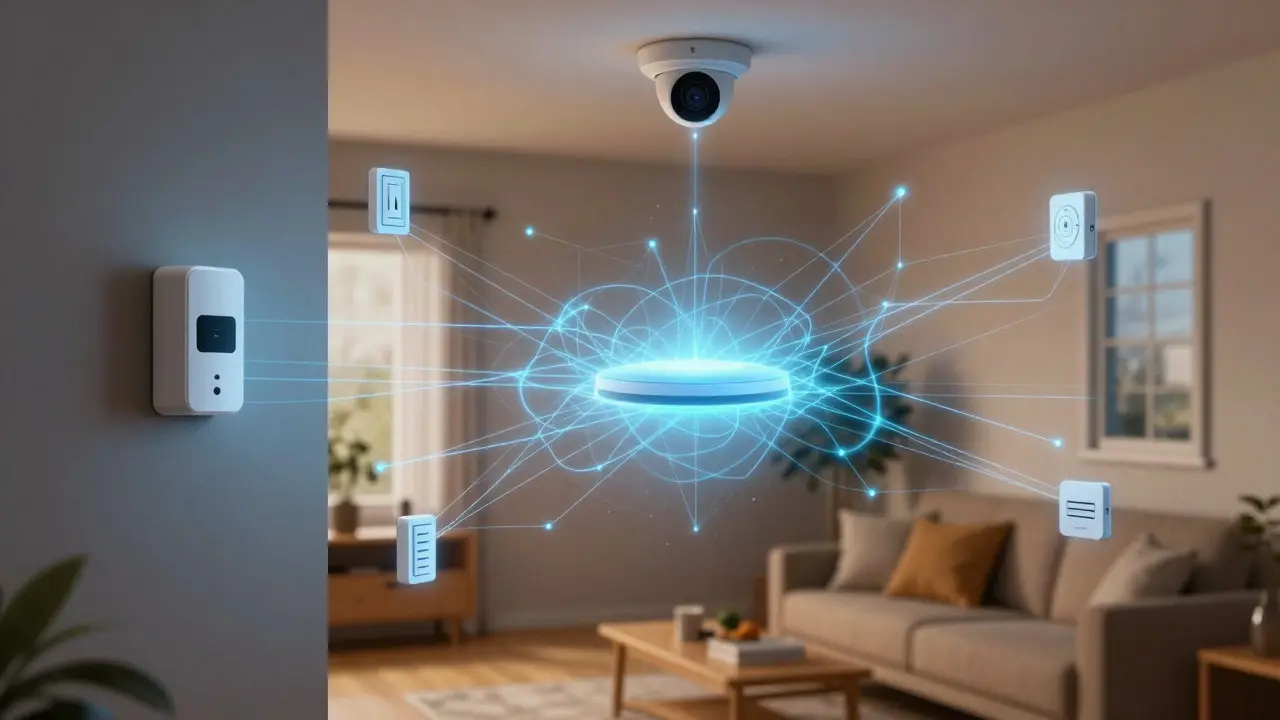 Schematische Darstellung vernetzter Sensoren und Kameras im Wohnzimmer