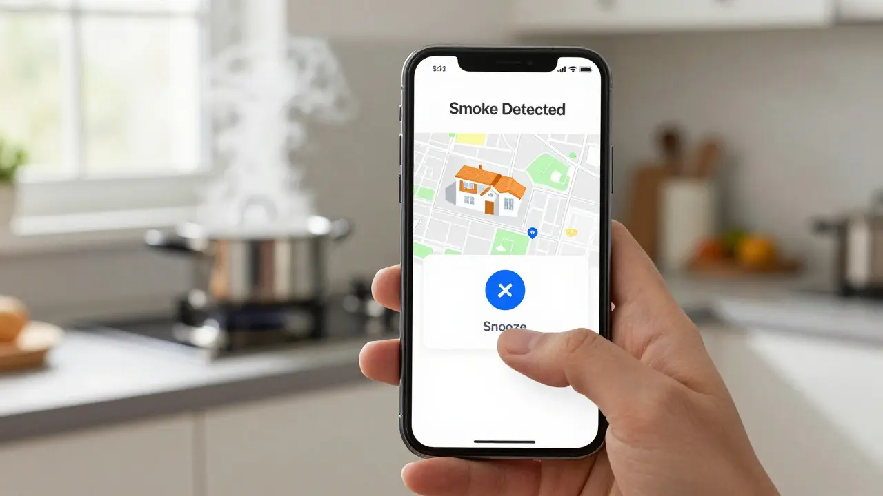 Smartphone-App zeigt Rauchwarnung bei Dampf in der Küche