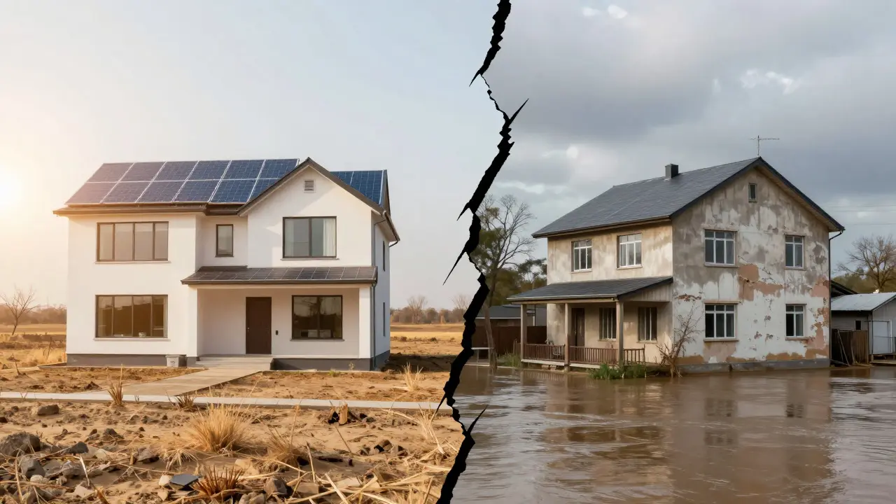 Split view comparing a sunny, sustainable home with a vulnerable, older building near a riverbank.